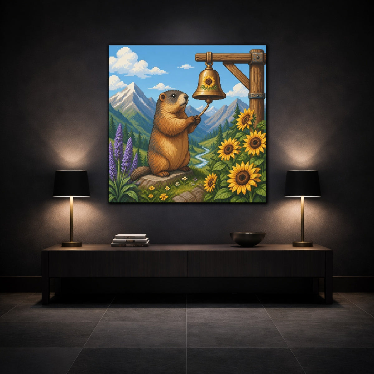 Mockup 3. Kids Marmot Ringing Bell shown as canvas print