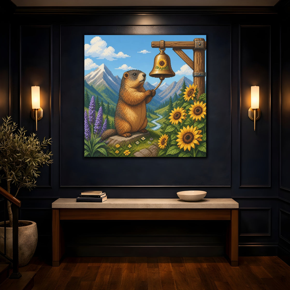 Mockup 4. Kids Marmot Ringing Bell shown as canvas print