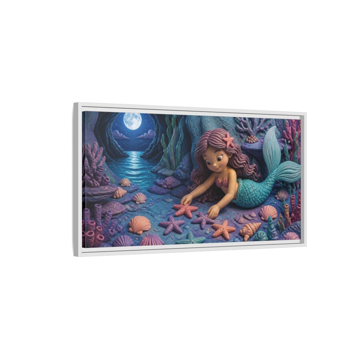 Side Mockup 1. Kids Mermaid Moonlit Starfish shown as framed canvas print