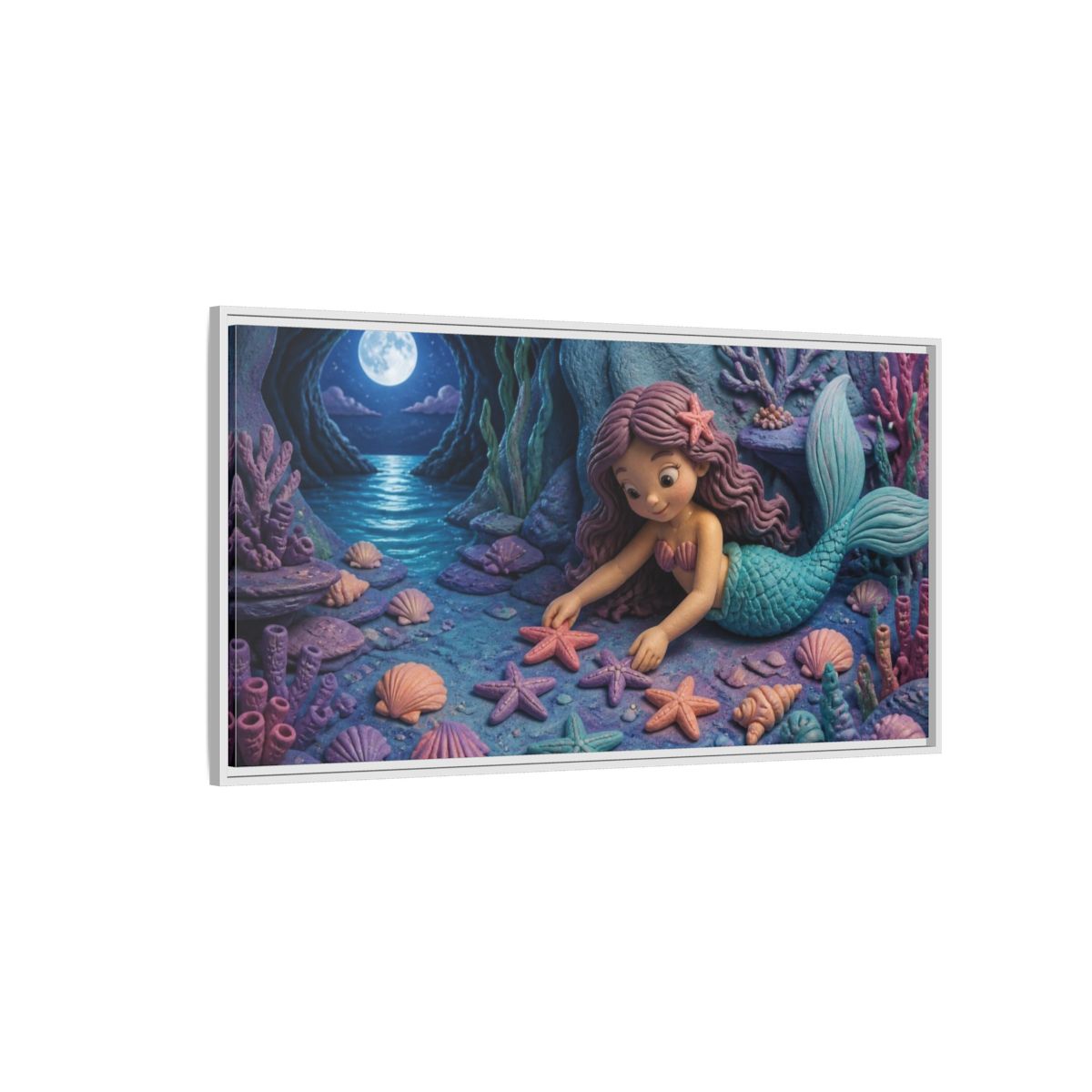 Side Mockup 3. Kids Mermaid Moonlit Starfish shown as framed canvas print