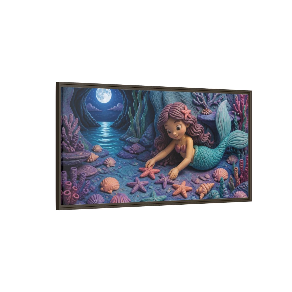 Side Mockup 4. Kids Mermaid Moonlit Starfish shown as framed canvas print