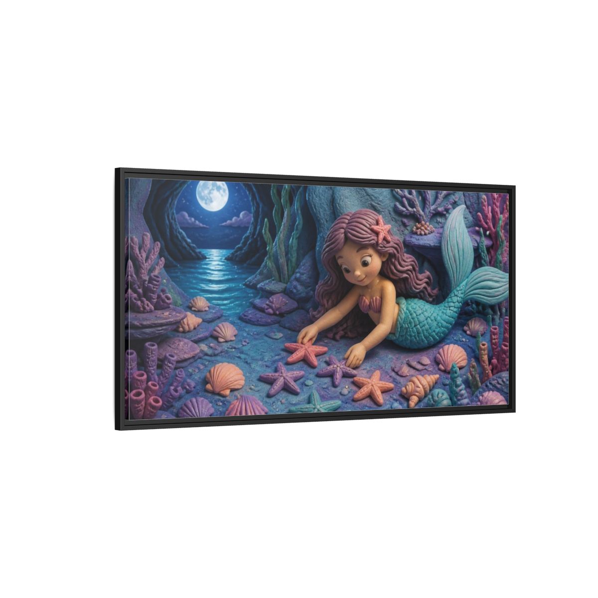 Side Mockup 5. Kids Mermaid Moonlit Starfish shown as framed canvas print