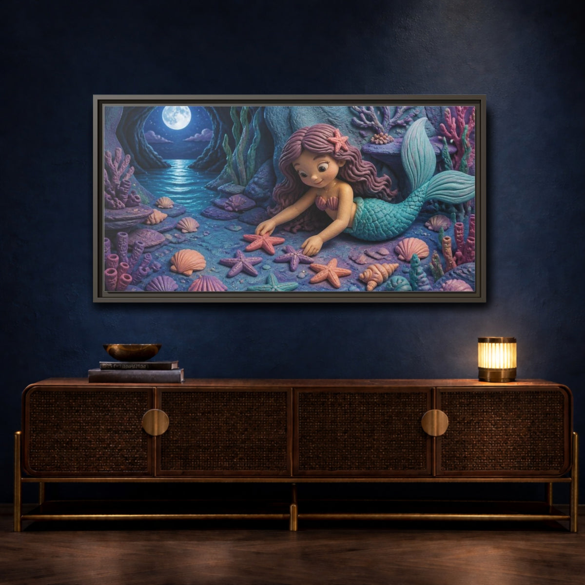 Mockup 4. Kids Mermaid Moonlit Starfish shown as framed canvas print
