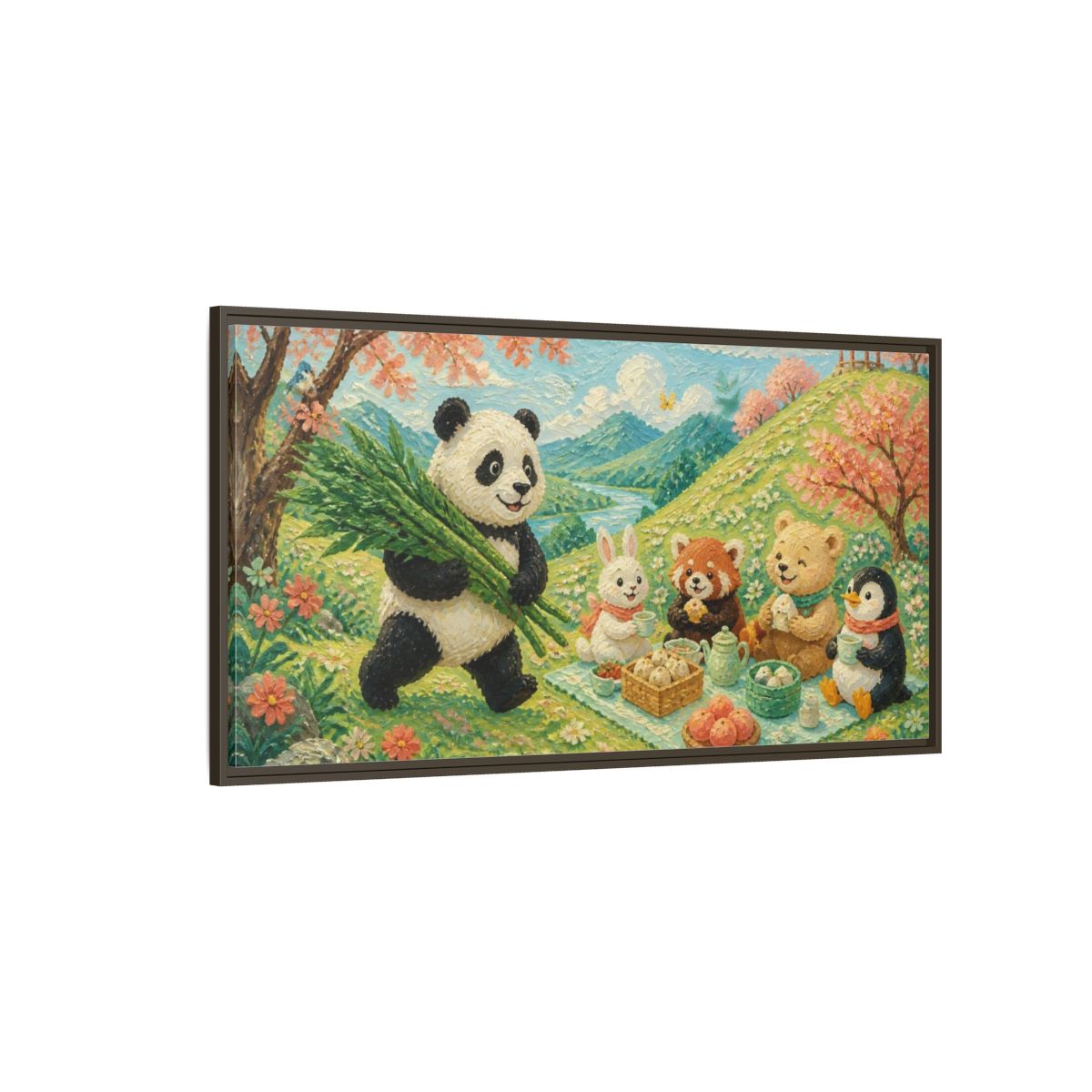 Side Mockup 4. Kids Panda Picnic shown as framed canvas print