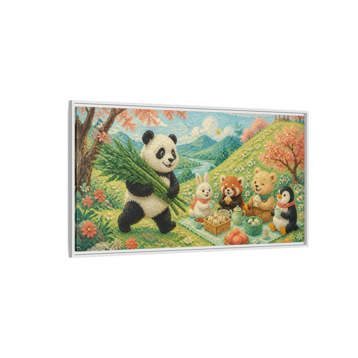 Side Mockup 3. Kids Panda Picnic shown as framed canvas print