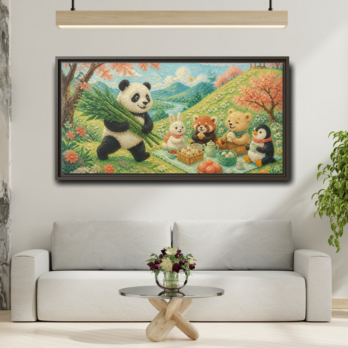 Mockup 2. Kids Panda Picnic shown as framed canvas print