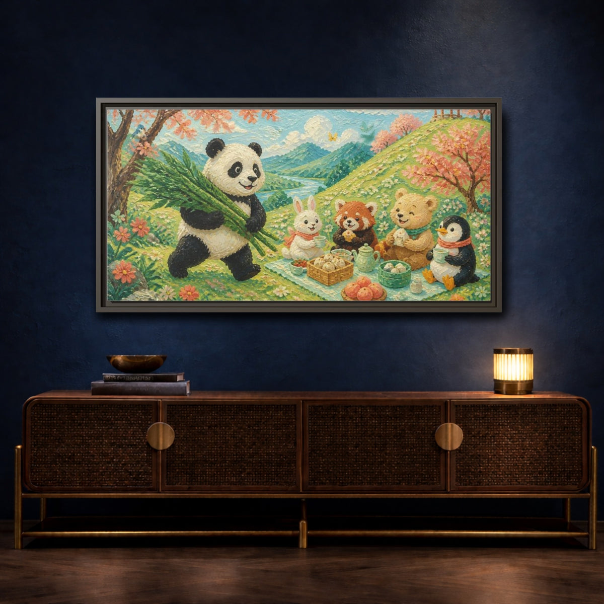 Mockup 4. Kids Panda Picnic shown as framed canvas print