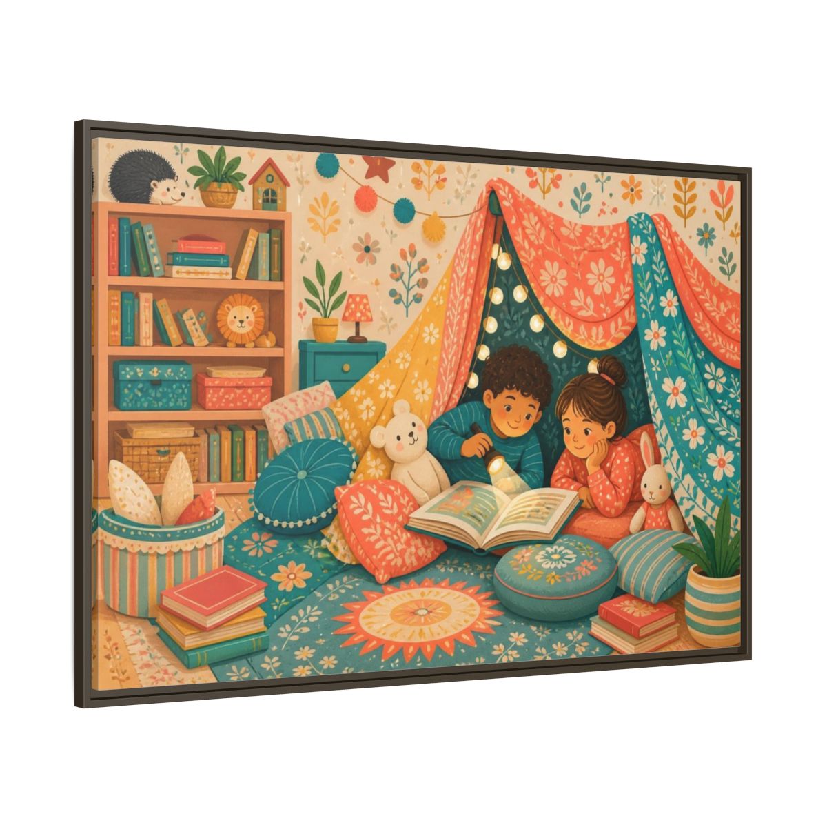 Side Mockup 8. Kids Reading Fort shown as framed canvas print
