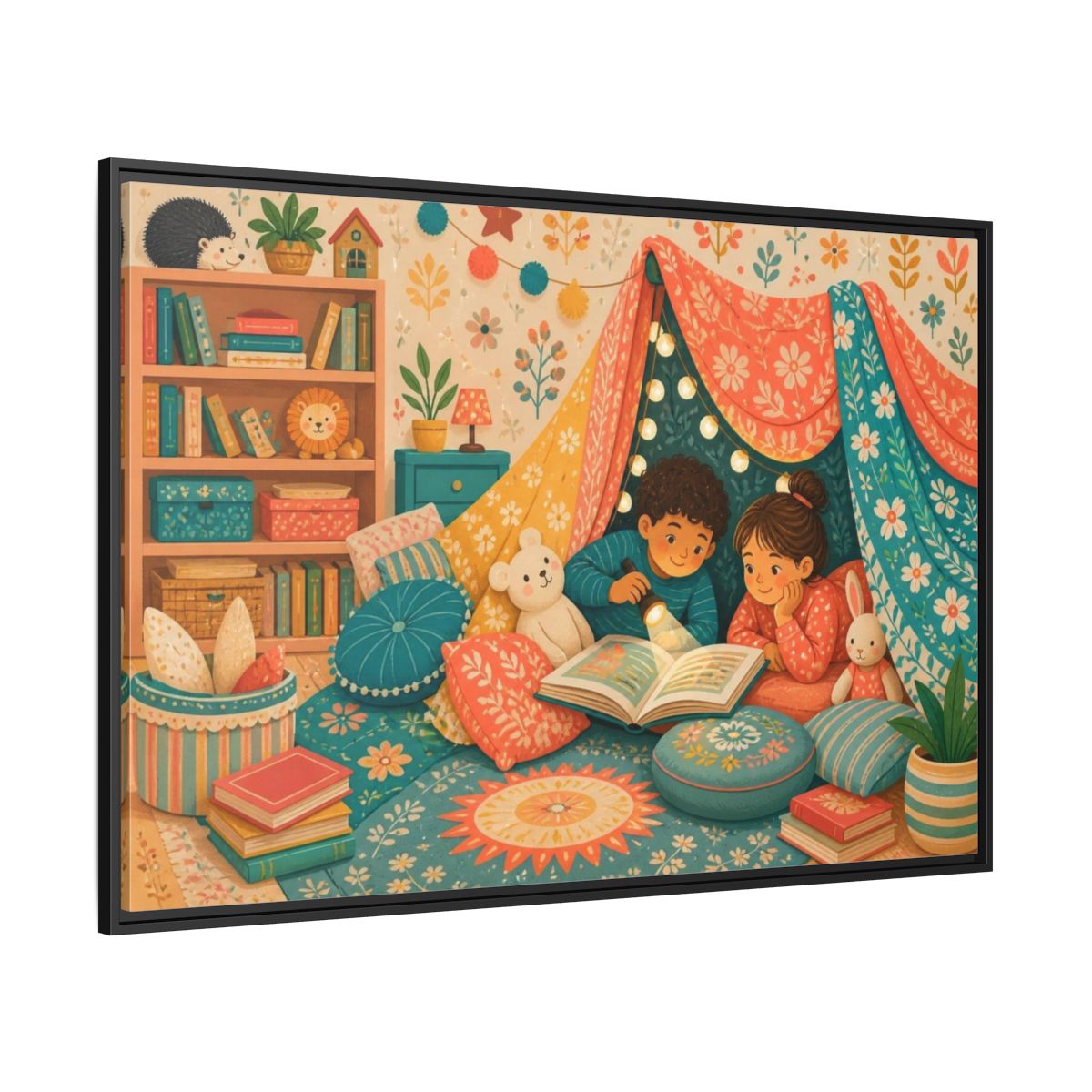 Side Mockup 12. Kids Reading Fort shown as framed canvas print