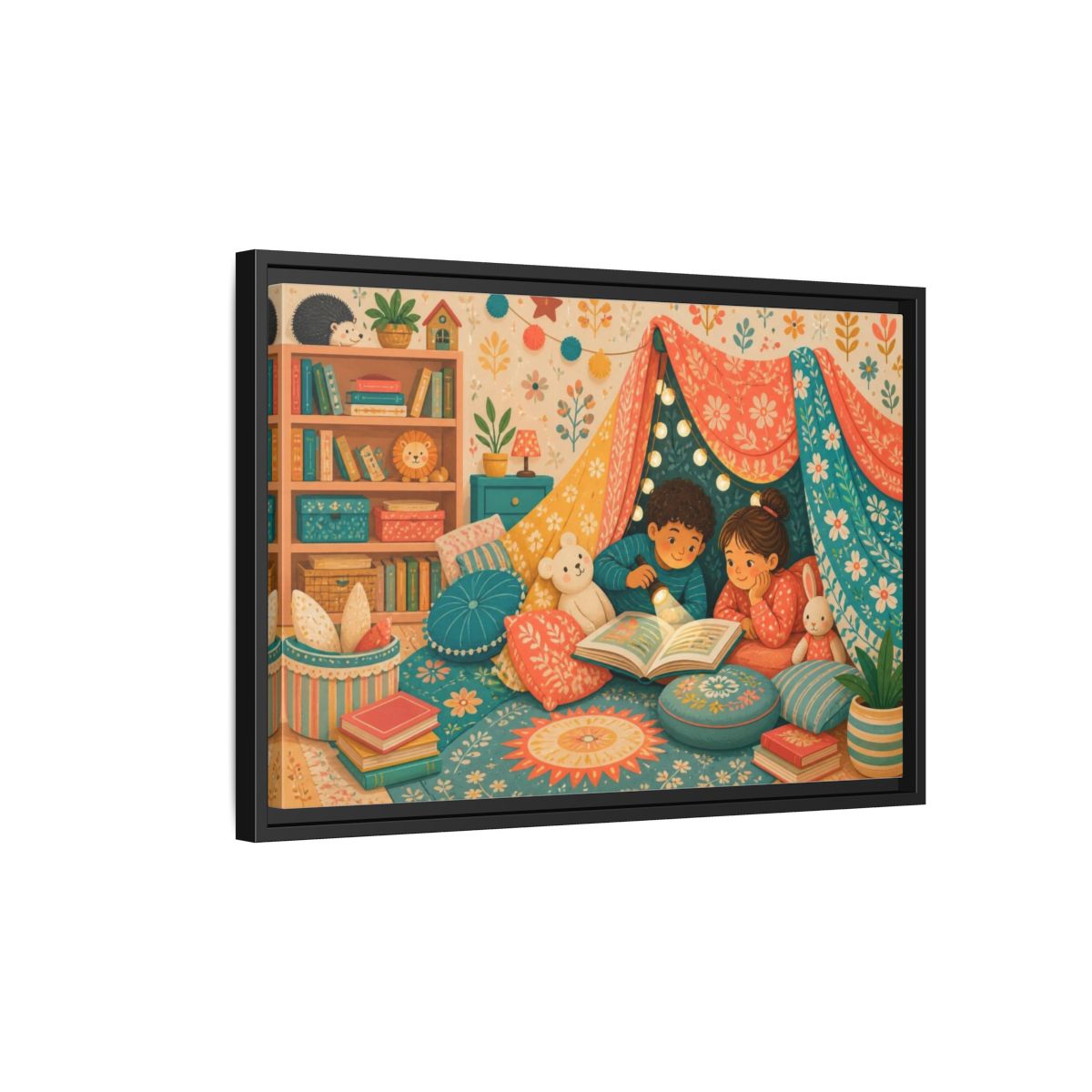 Side Mockup 3. Kids Reading Fort shown as framed canvas print