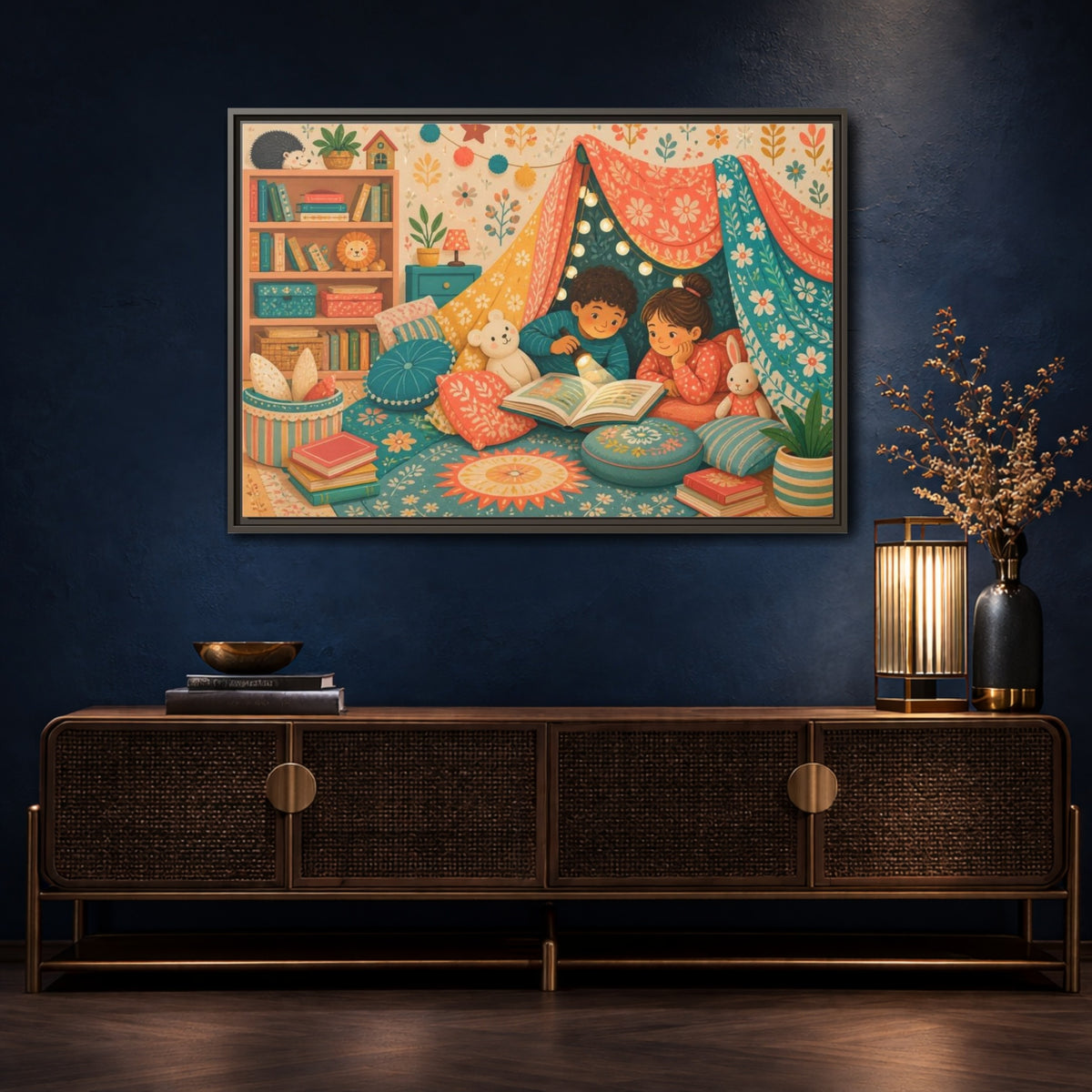 Mockup 4. Kids Reading Fort shown as framed canvas print