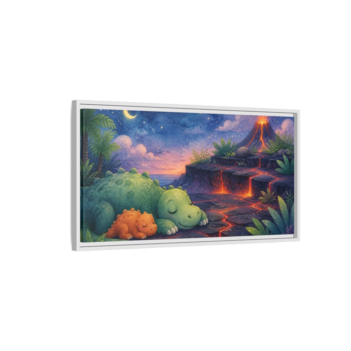 Side Mockup 1. Kids Room Dino Nap shown as framed canvas print