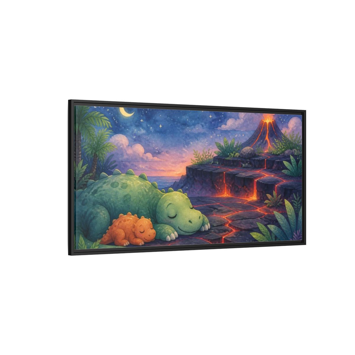 Side Mockup 5. Kids Room Dino Nap shown as framed canvas print