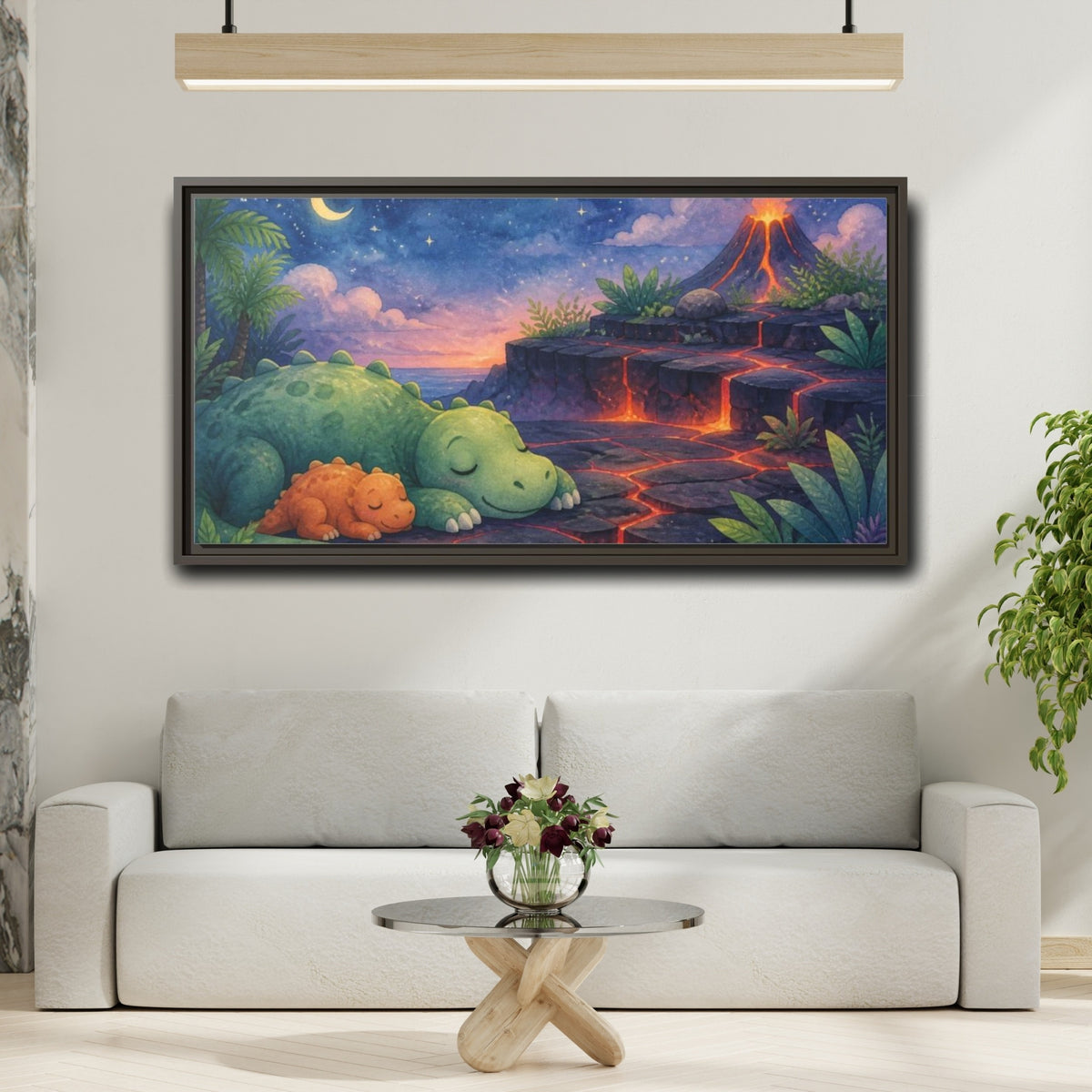 Mockup 2. Kids Room Dino Nap shown as framed canvas print