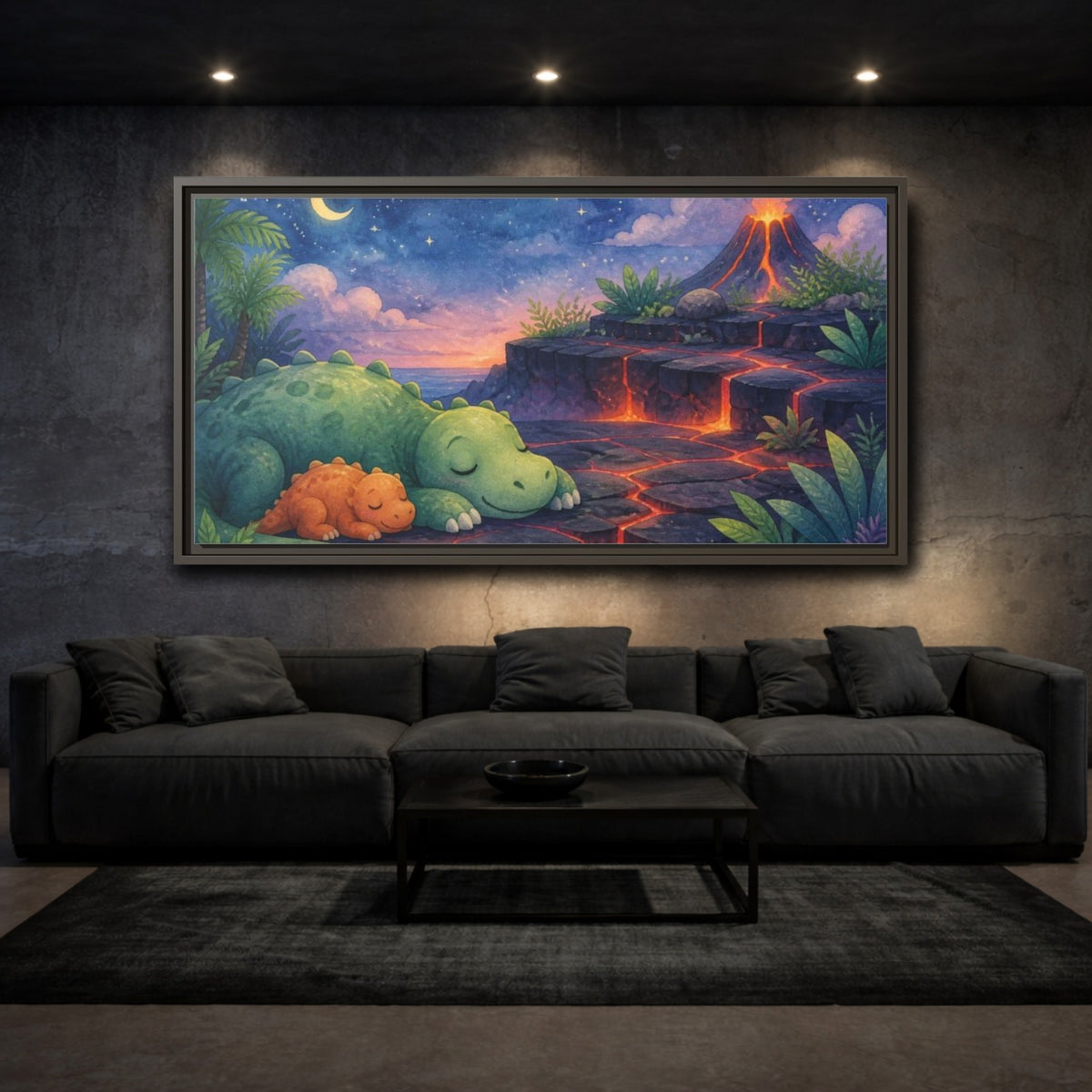 Mockup 3. Kids Room Dino Nap shown as framed canvas print