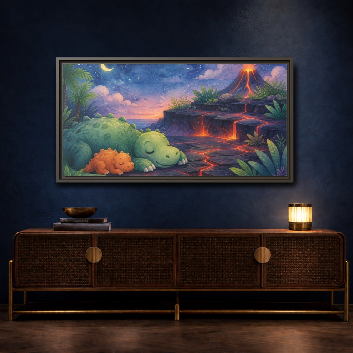 Mockup 4. Kids Room Dino Nap shown as framed canvas print