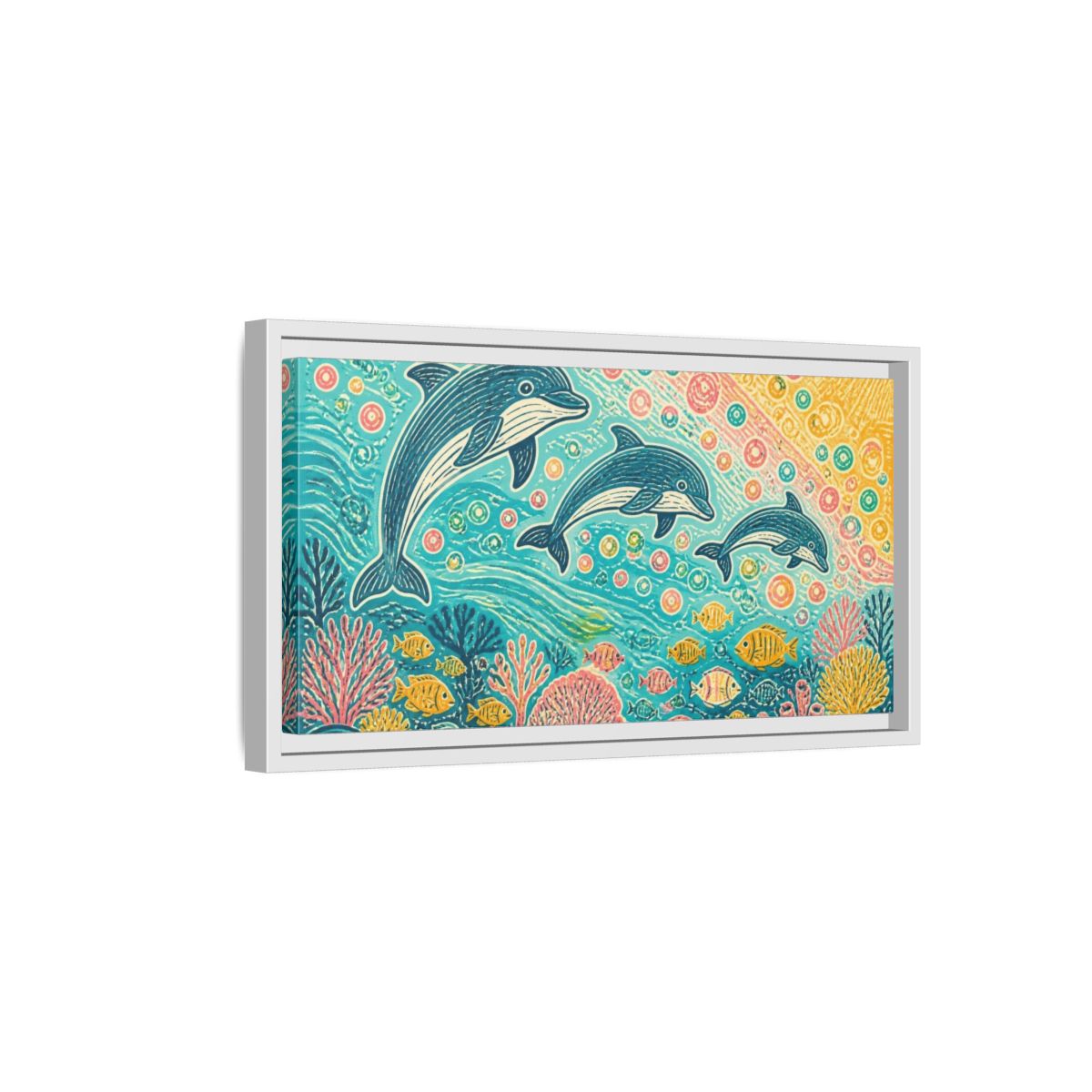 Side Mockup 6. Kids Room Dolphin Dance shown as framed canvas print