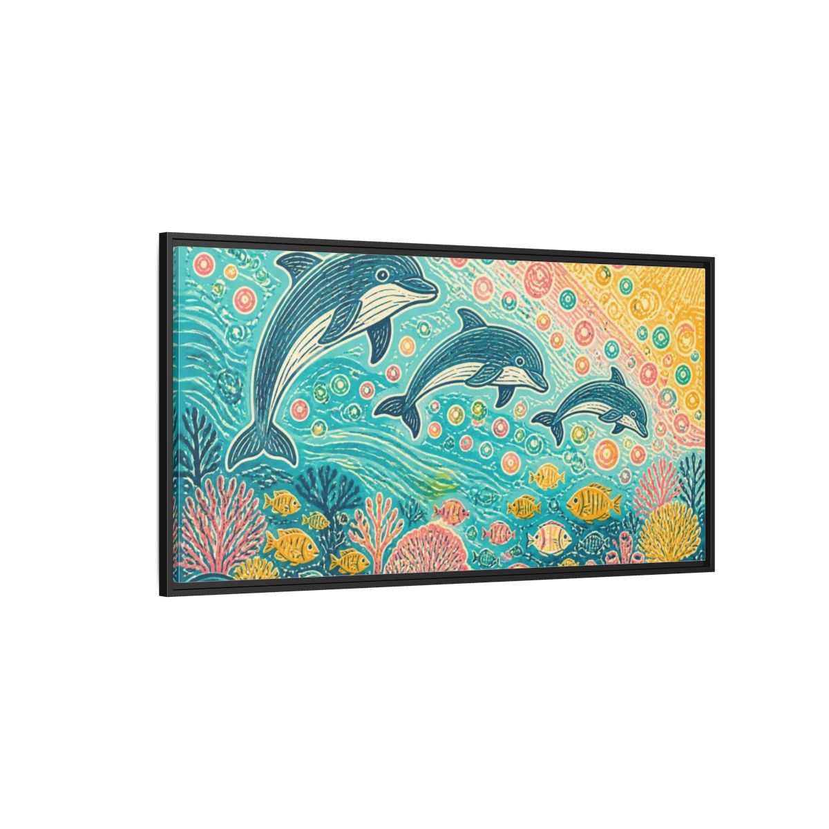 Side Mockup 5. Kids Room Dolphin Dance shown as framed canvas print