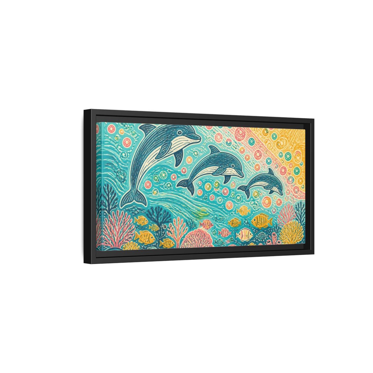 Side Mockup 8. Kids Room Dolphin Dance shown as framed canvas print