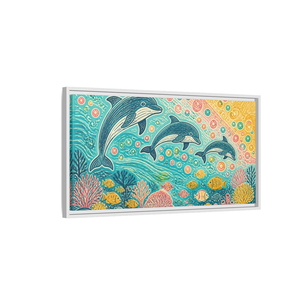 Side Mockup 1. Kids Room Dolphin Dance shown as framed canvas print