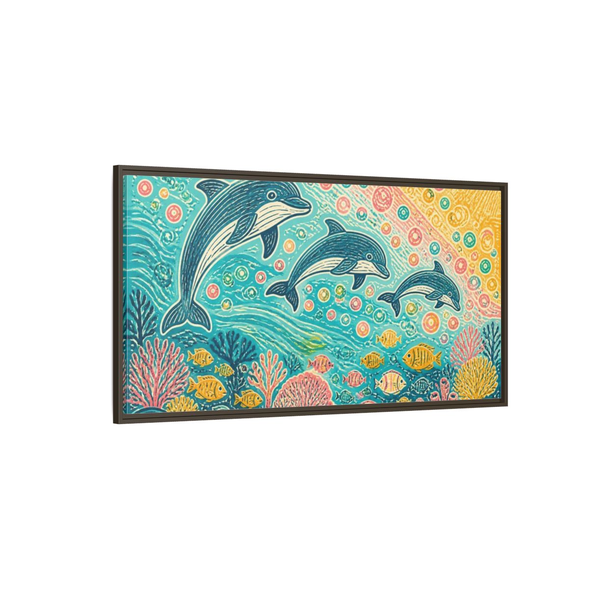 Side Mockup 4. Kids Room Dolphin Dance shown as framed canvas print