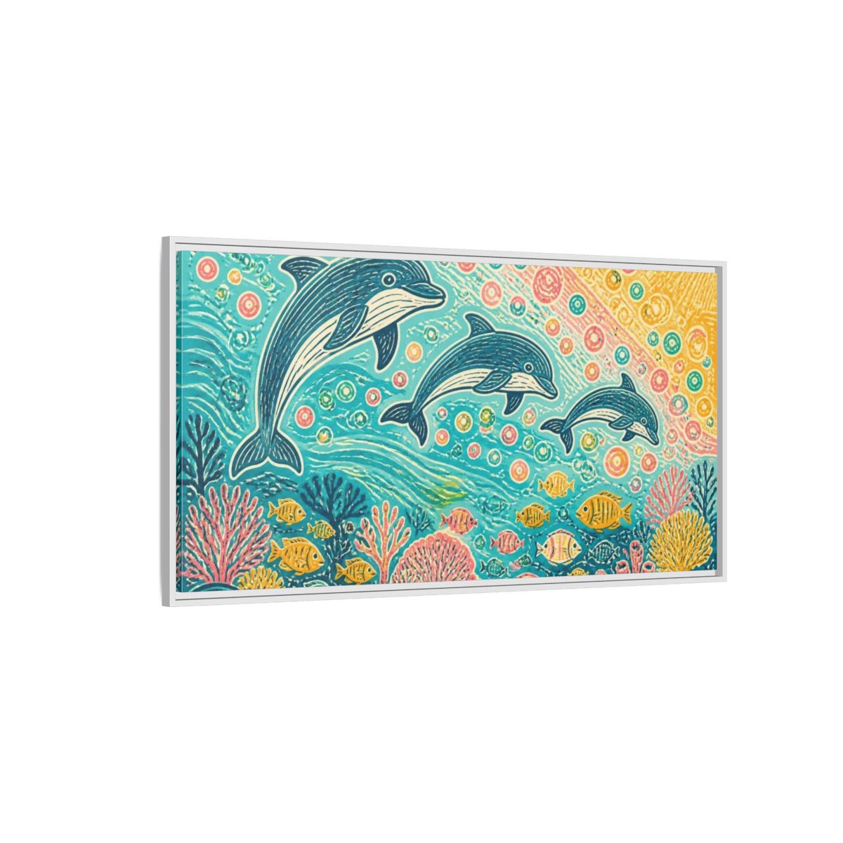 Side Mockup 3. Kids Room Dolphin Dance shown as framed canvas print