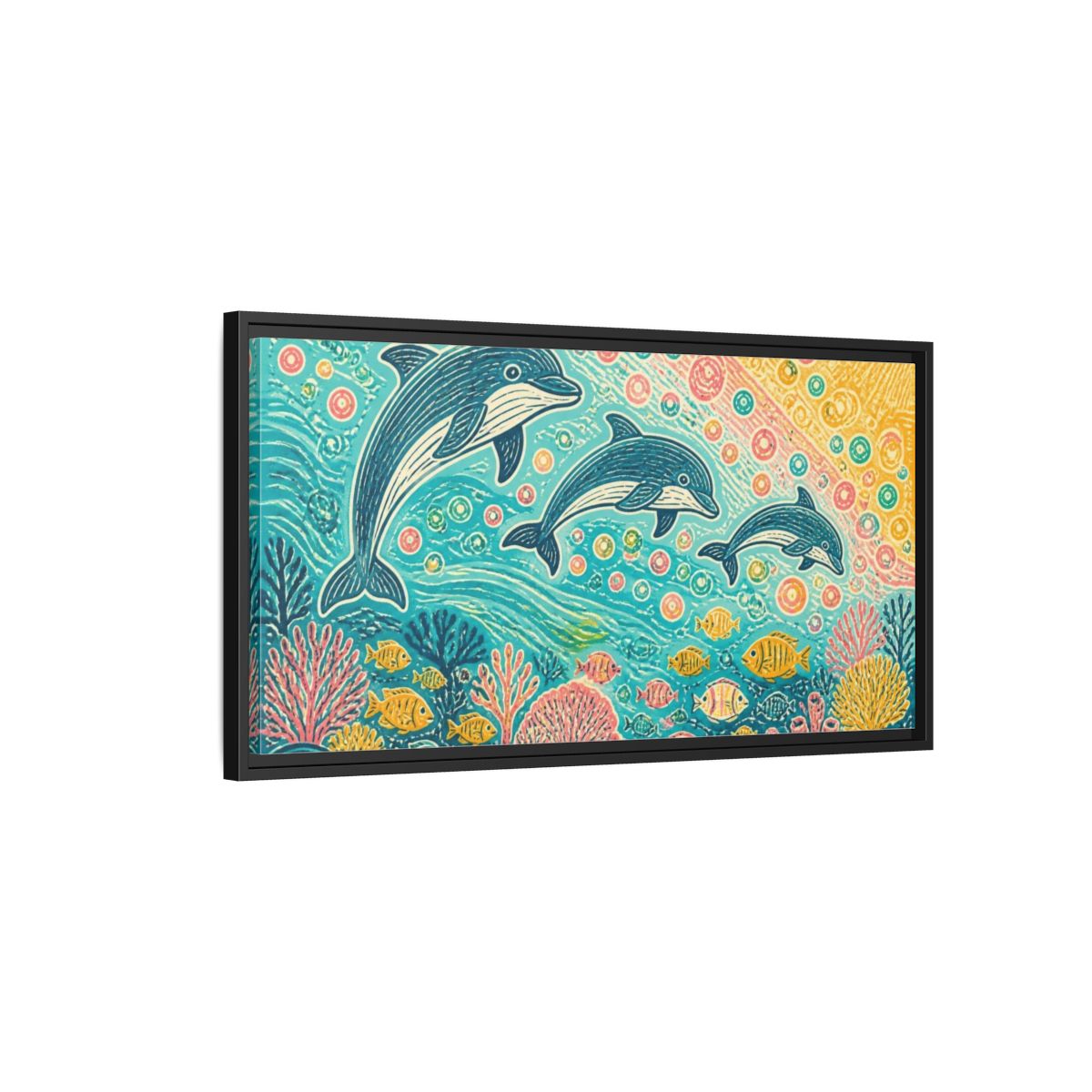 Side Mockup 2. Kids Room Dolphin Dance shown as framed canvas print