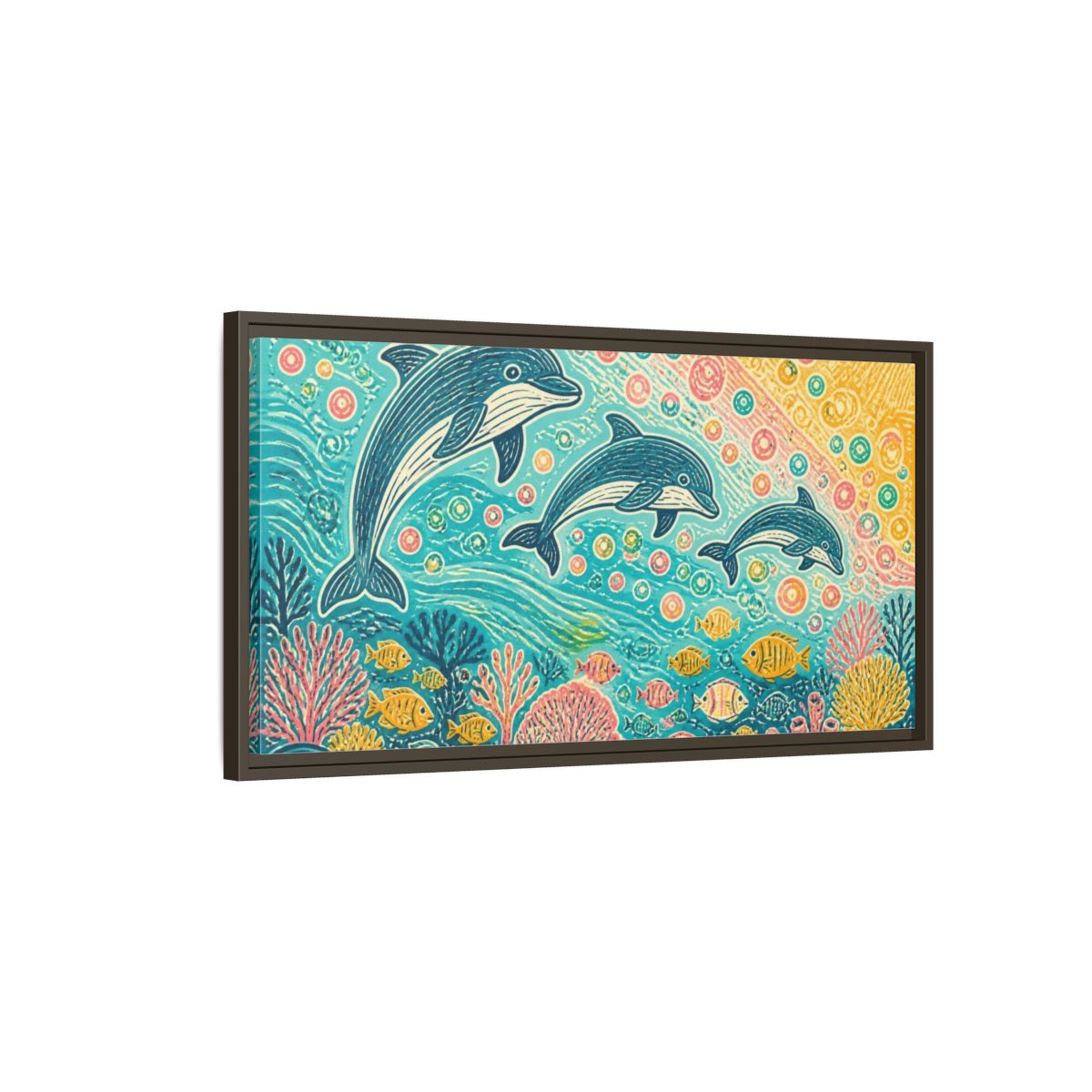 Main Mockup. Kids Room Dolphin Dance shown as framed canvas print