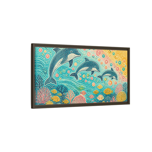 Main Mockup. Kids Room Dolphin Dance shown as framed canvas print