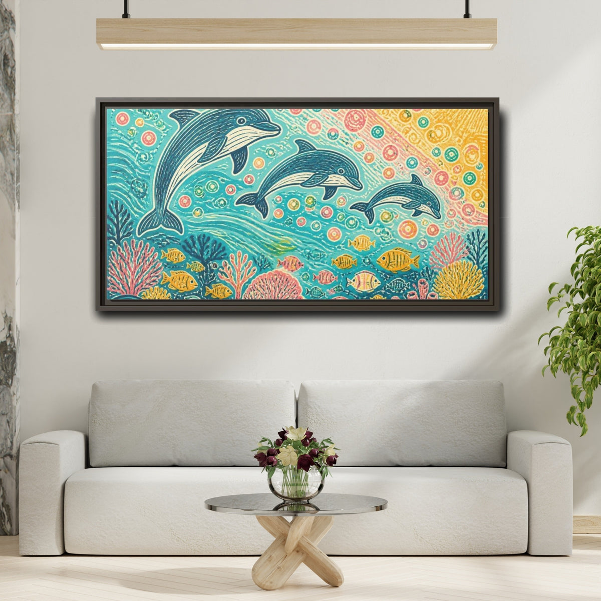 Mockup 2. Kids Room Dolphin Dance shown as framed canvas print