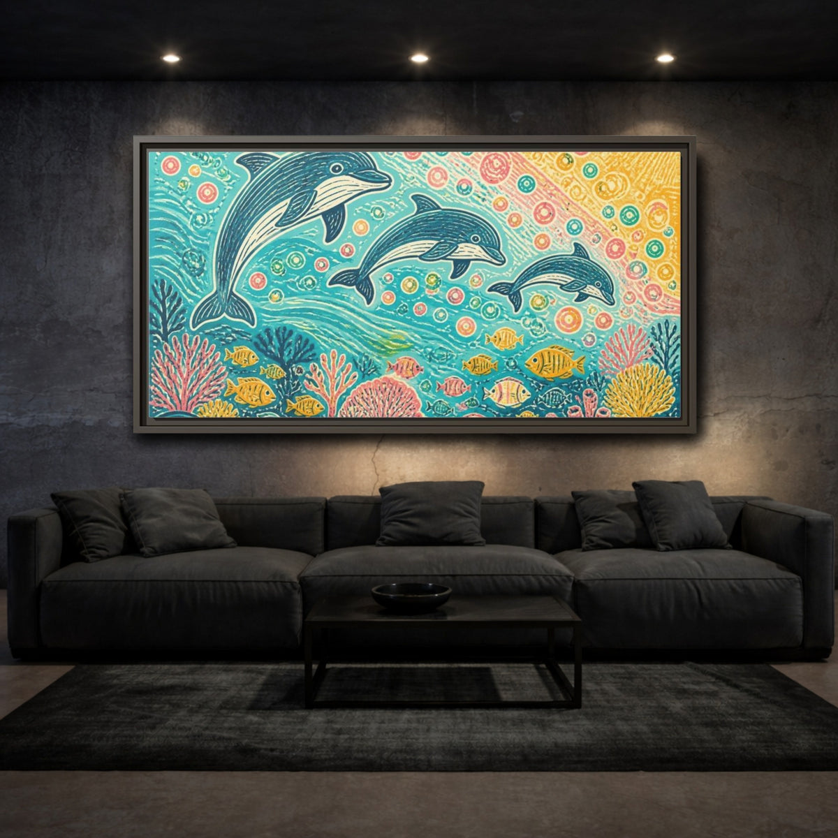 Mockup 3. Kids Room Dolphin Dance shown as framed canvas print