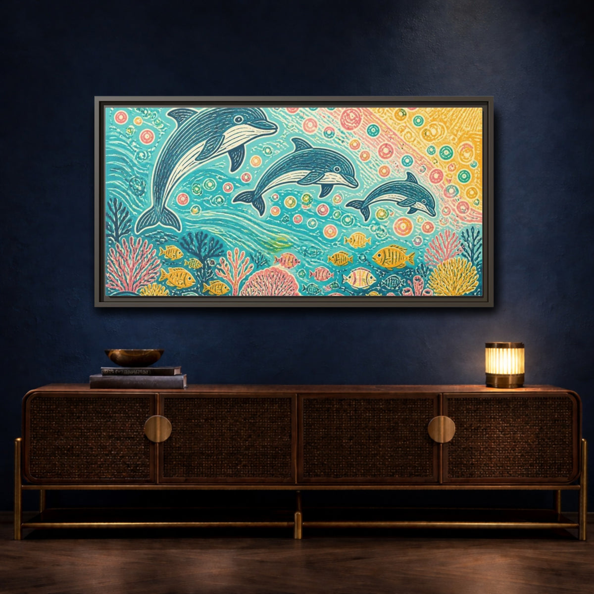 Mockup 4. Kids Room Dolphin Dance shown as framed canvas print