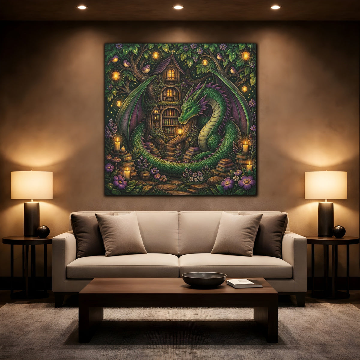 Mockup 2. Kids Room Dragon Library shown as canvas print