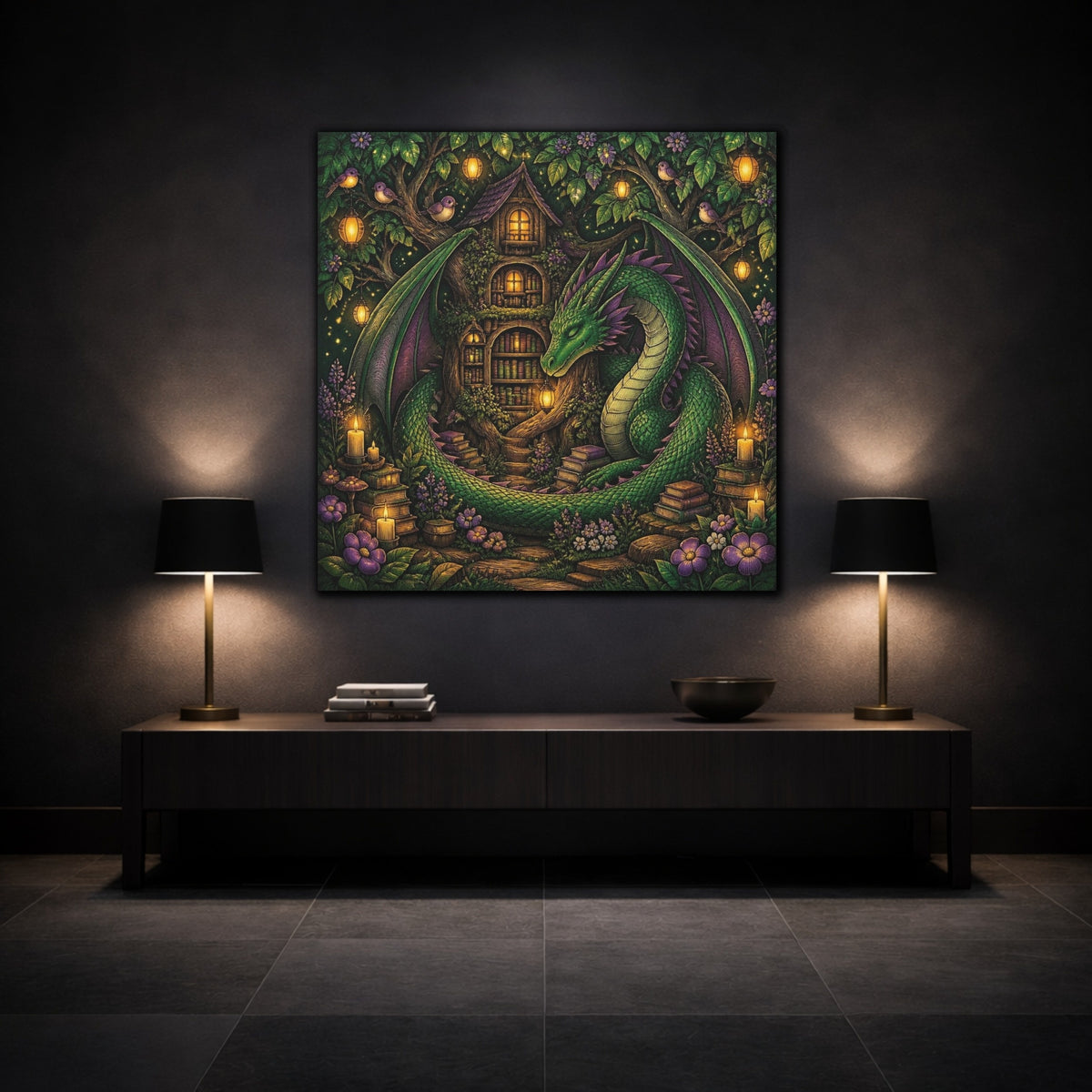 Mockup 3. Kids Room Dragon Library shown as canvas print