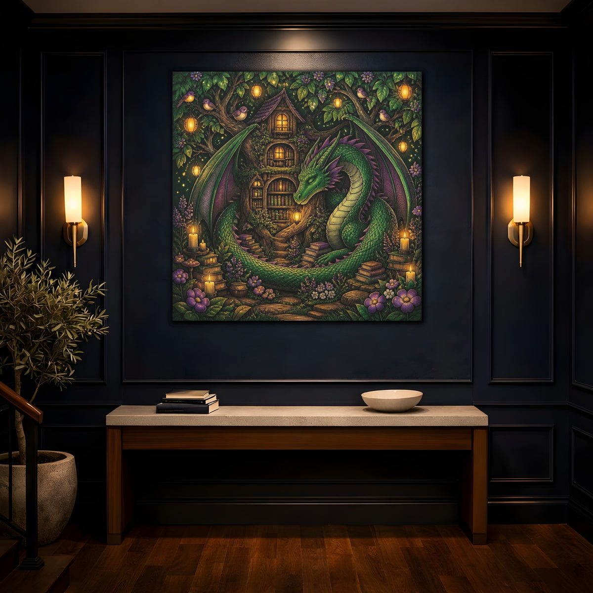 Mockup 4. Kids Room Dragon Library shown as canvas print