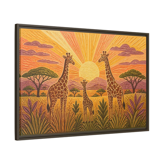 Main Mockup. Kids Room Giraffe Sunrise shown as framed canvas print
