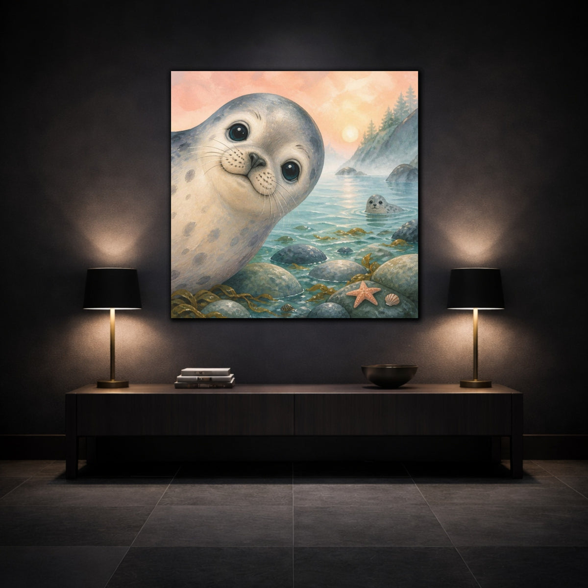 Mockup 3. Kids Room Seal Peekaboo shown as canvas print