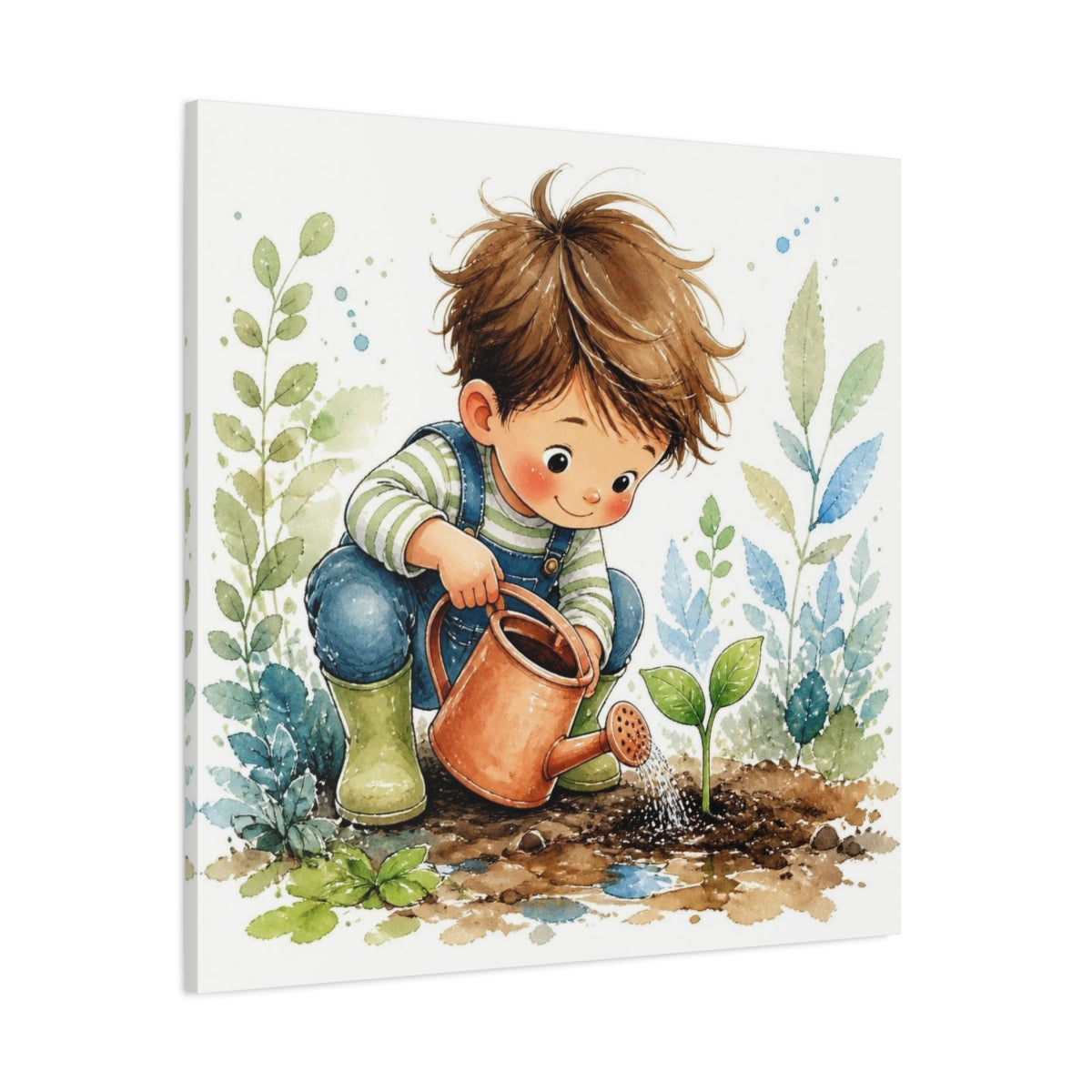 Side Mockup 1. Kids Room Seedling Watering shown as canvas print
