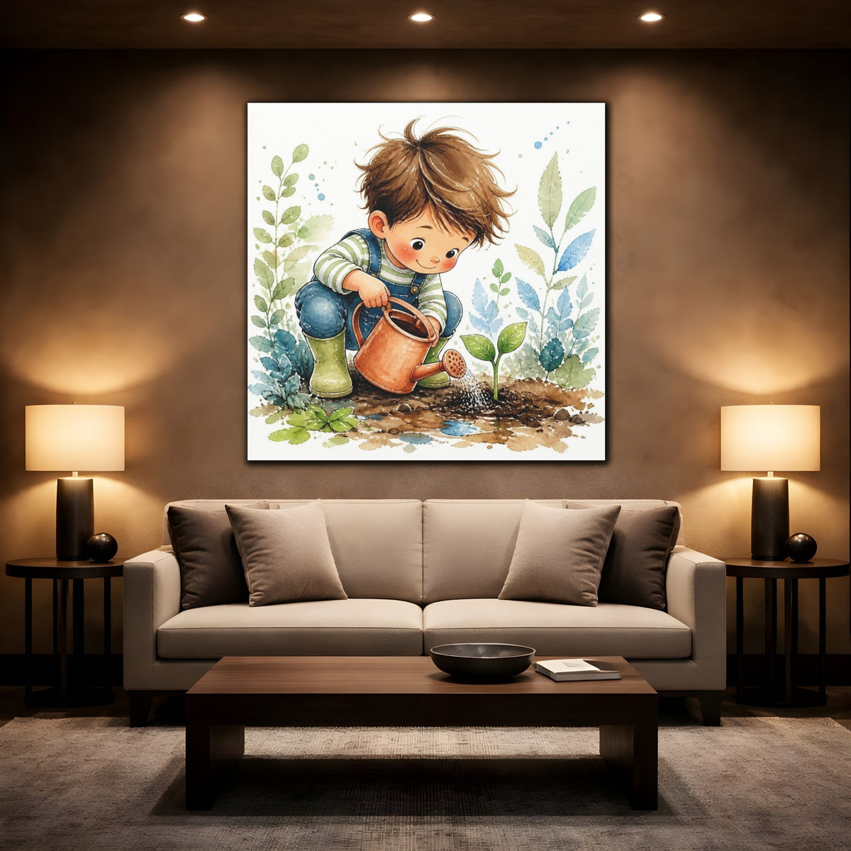 Mockup 2. Kids Room Seedling Watering shown as canvas print
