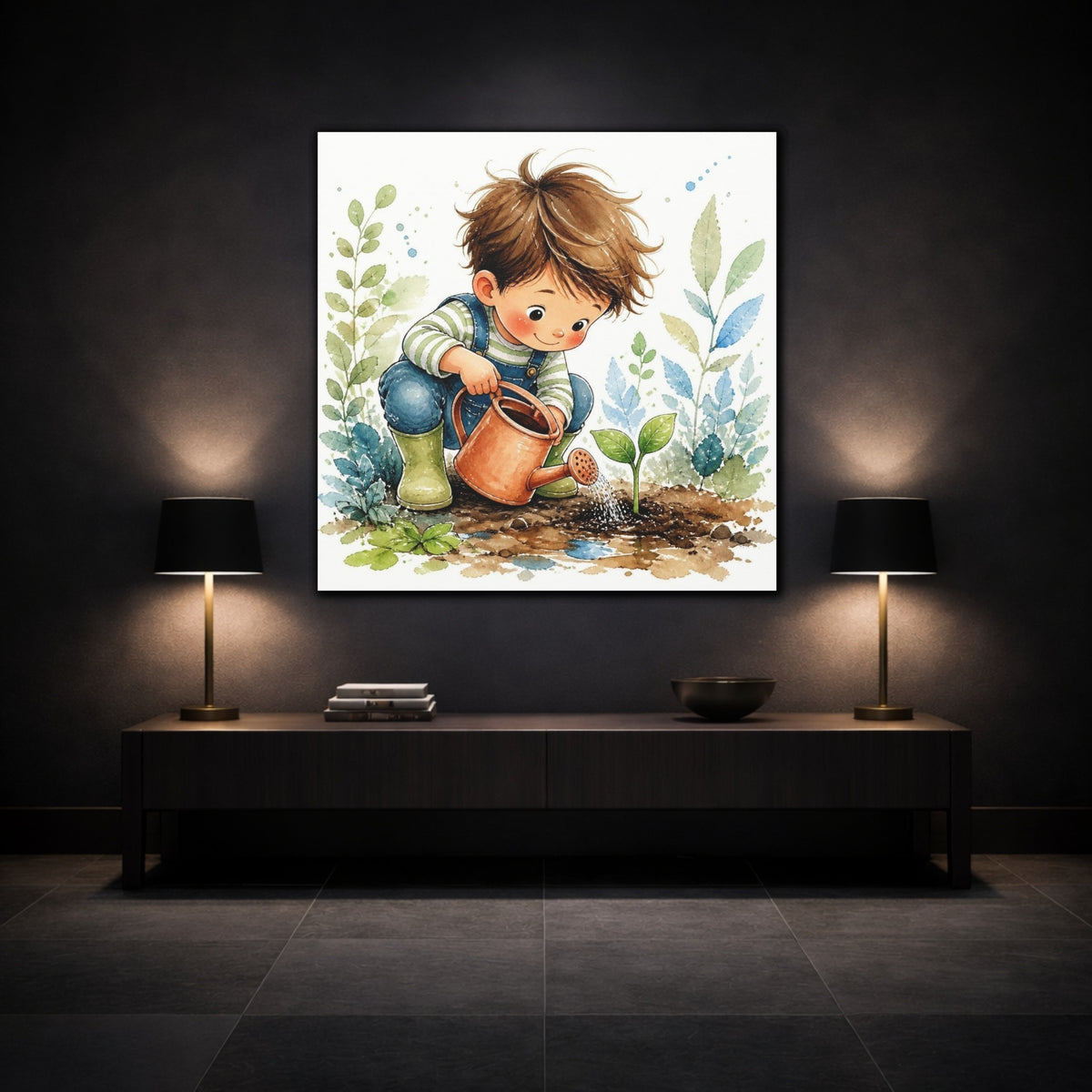 Mockup 3. Kids Room Seedling Watering shown as canvas print