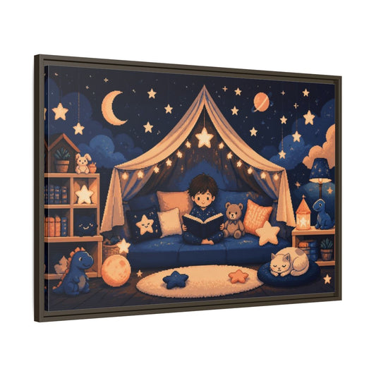 Main Mockup. Kids Starry Reading Nook shown as framed canvas print