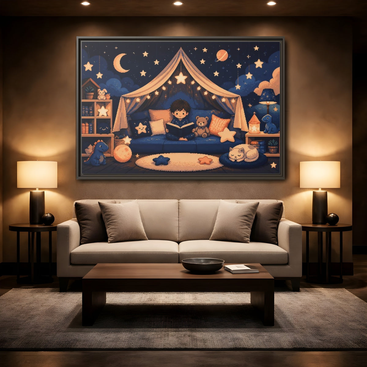 Mockup 2. Kids Starry Reading Nook shown as framed canvas print