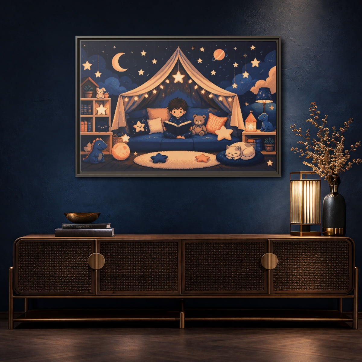 Mockup 4. Kids Starry Reading Nook shown as framed canvas print