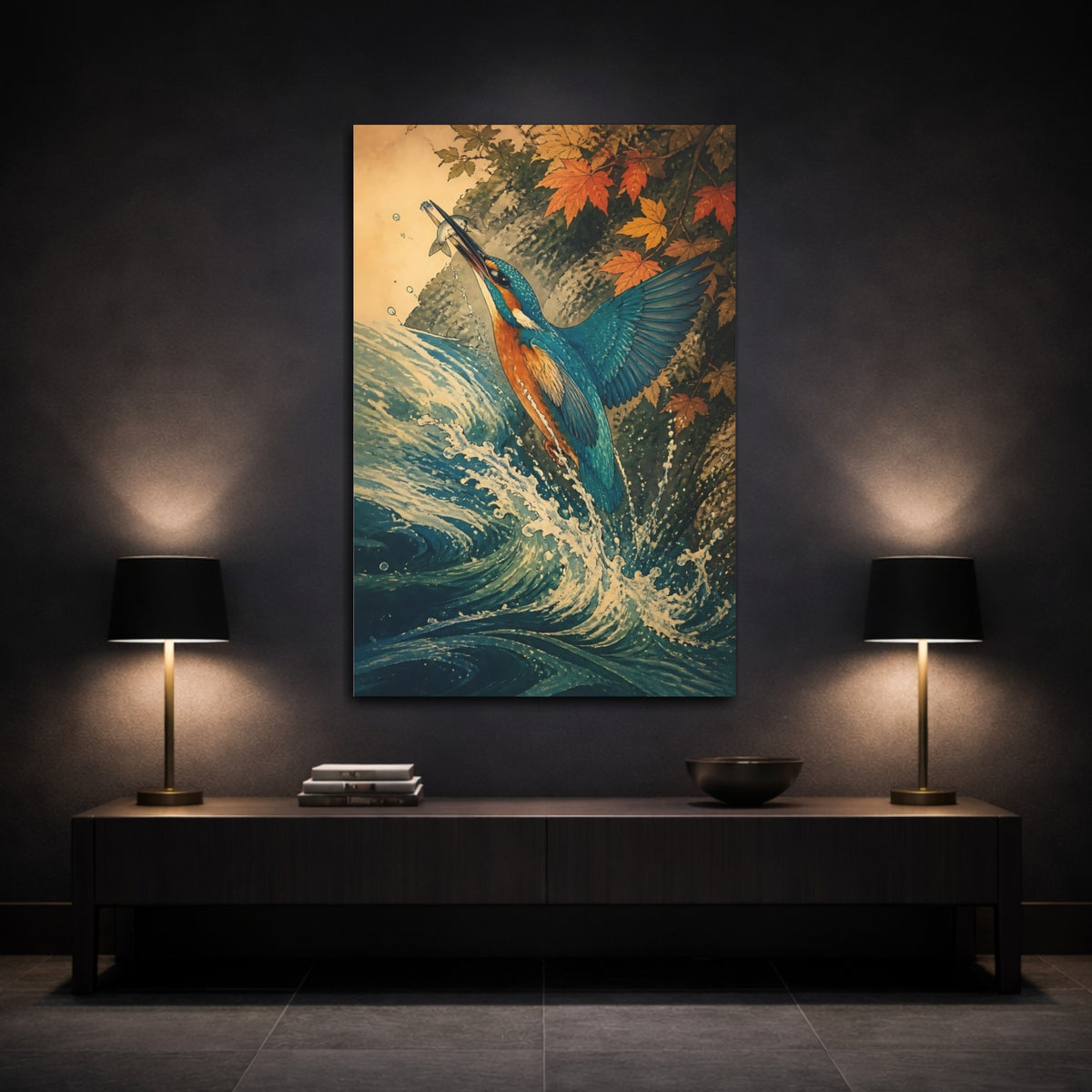 Mockup 3. Kingfisher Animals Scene shown as canvas print