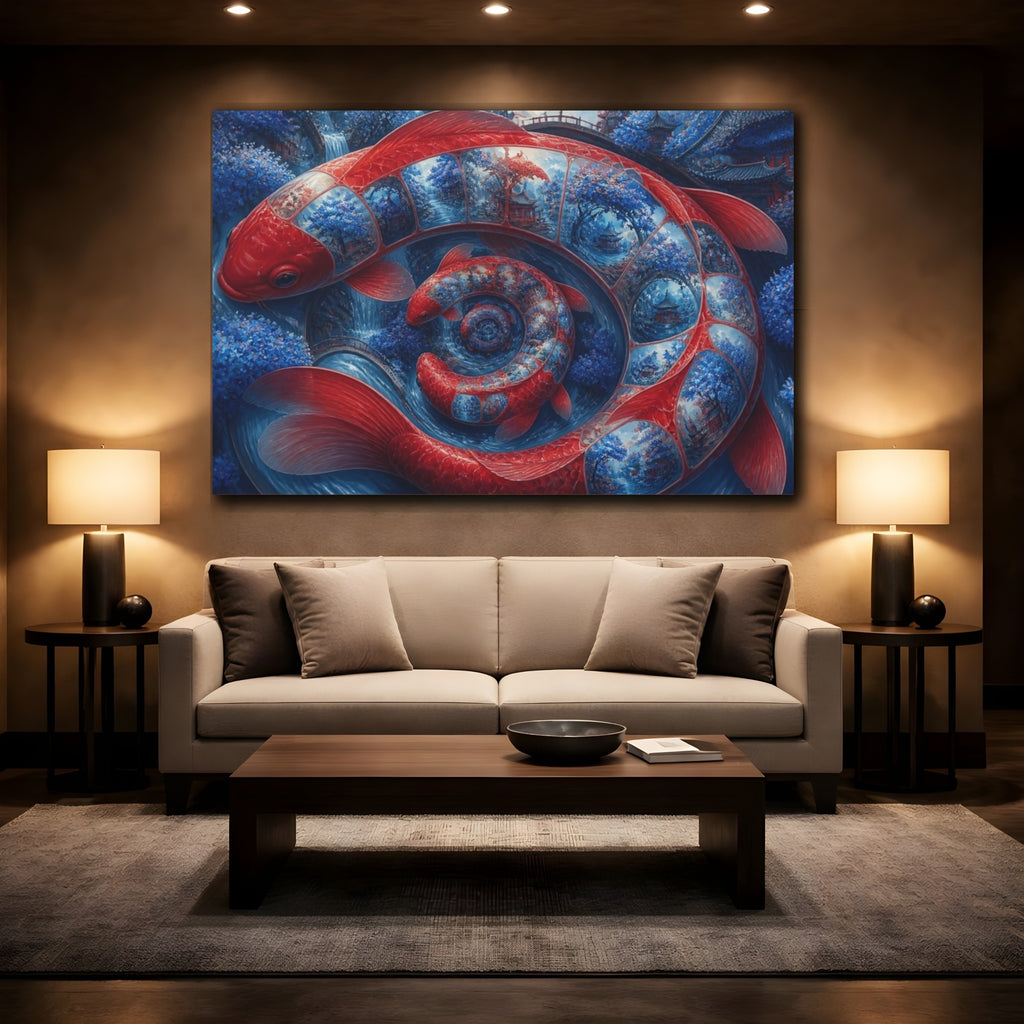 Mockup 2. Koi Fish Illusion shown as canvas print