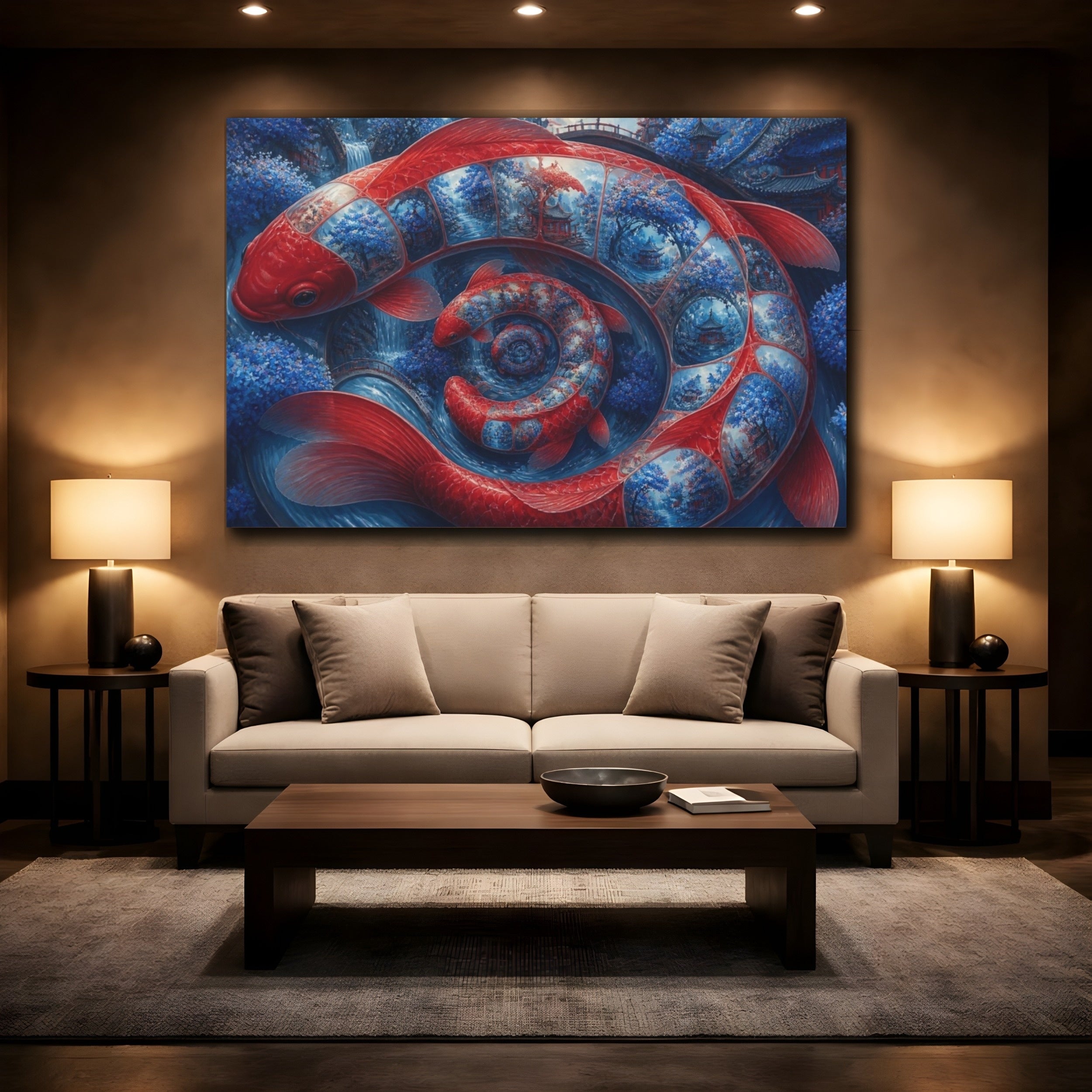 Mockup 2. Koi Fish Illusion shown as canvas print