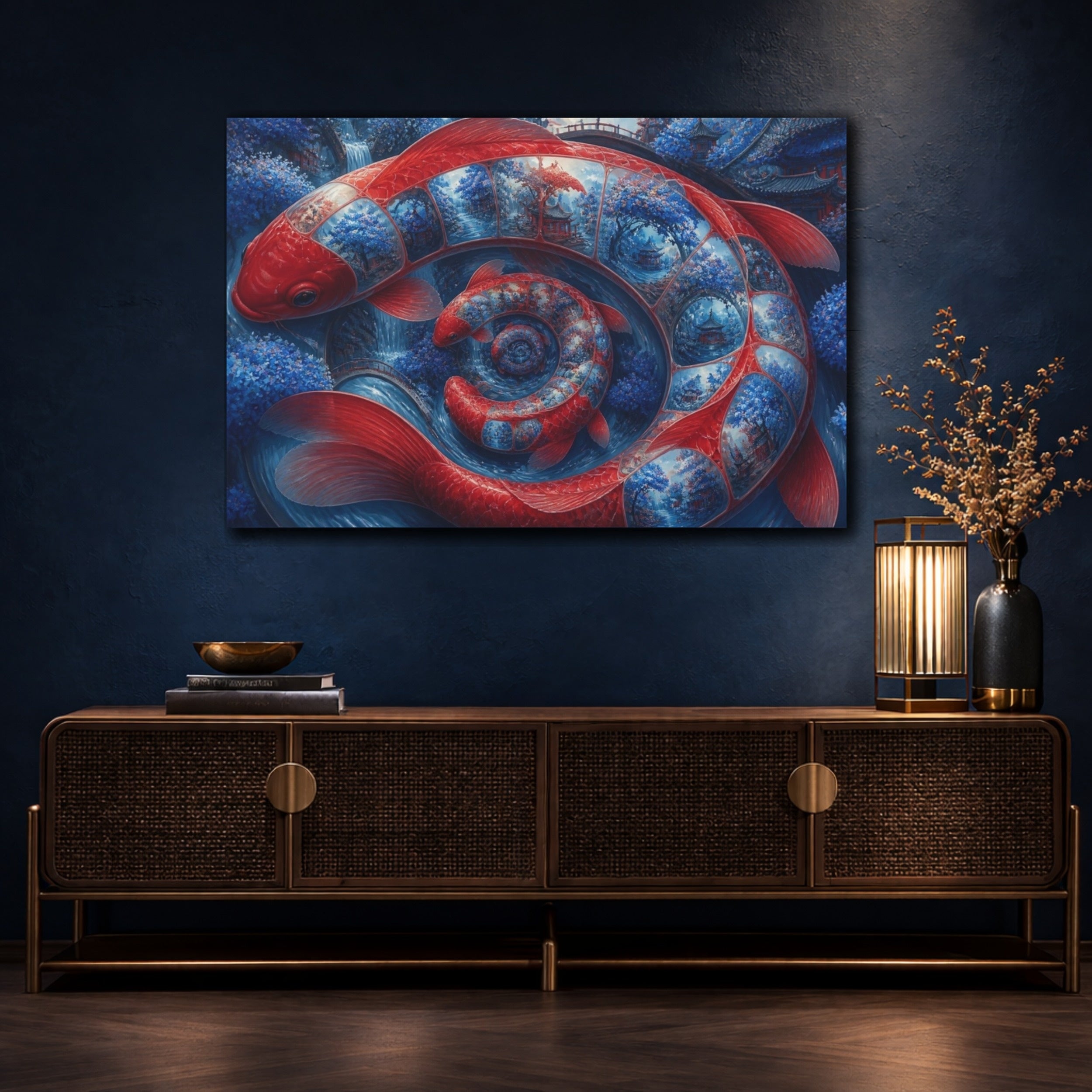 Mockup 4. Koi Fish Illusion shown as canvas print