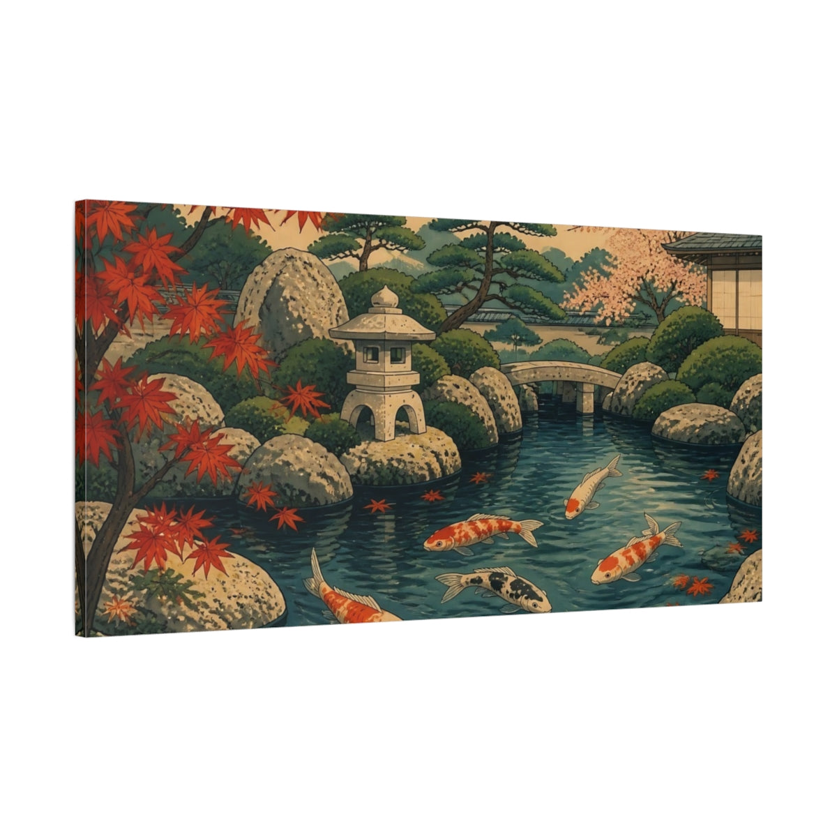 Main Mockup. Koi In Maple Pond shown as canvas print