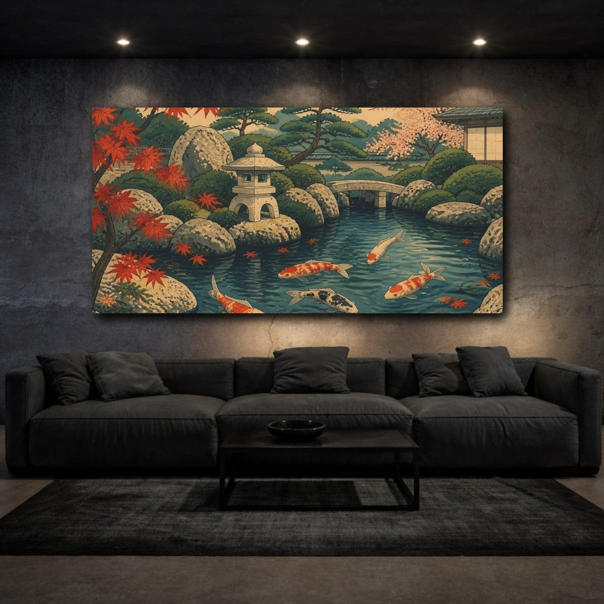 Mockup 3. Koi In Maple Pond shown as canvas print