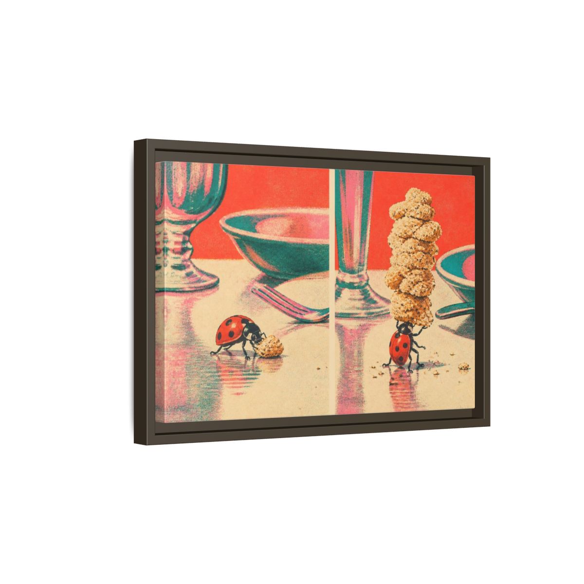 Side Mockup 5. Ladybug Carrying Crumbs shown as framed canvas print